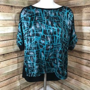 AB Studio teal and black short sleeve blouse